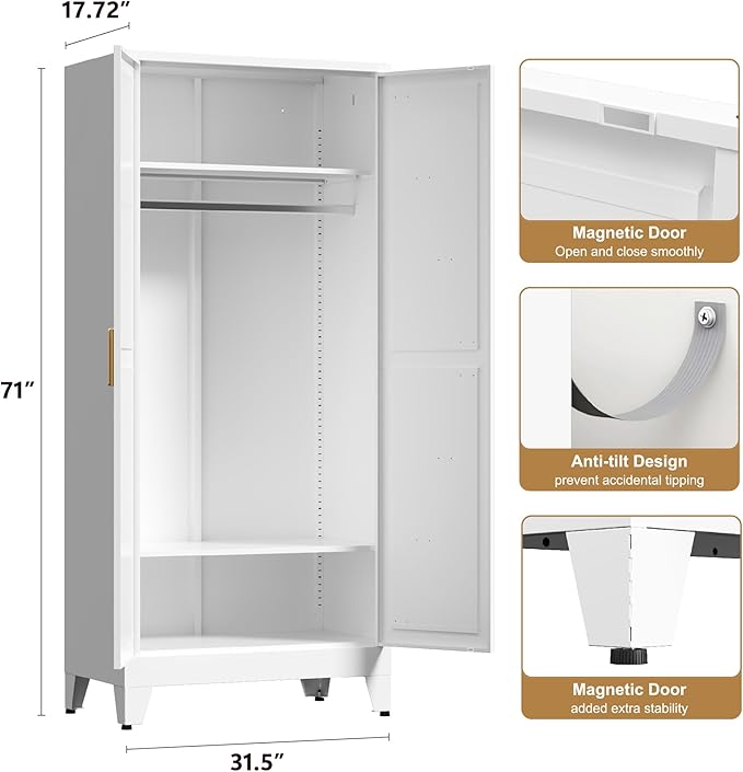 71'' Farmhouse Metal Wardrobe Cabinet with Hanging Rod, 2 Barn Door Wardrobe Closet with 2 Adjustable Shelves,for Dining Room,Bedroom,Living Room, Cloak Room,Office (White)-CasaMuseHome