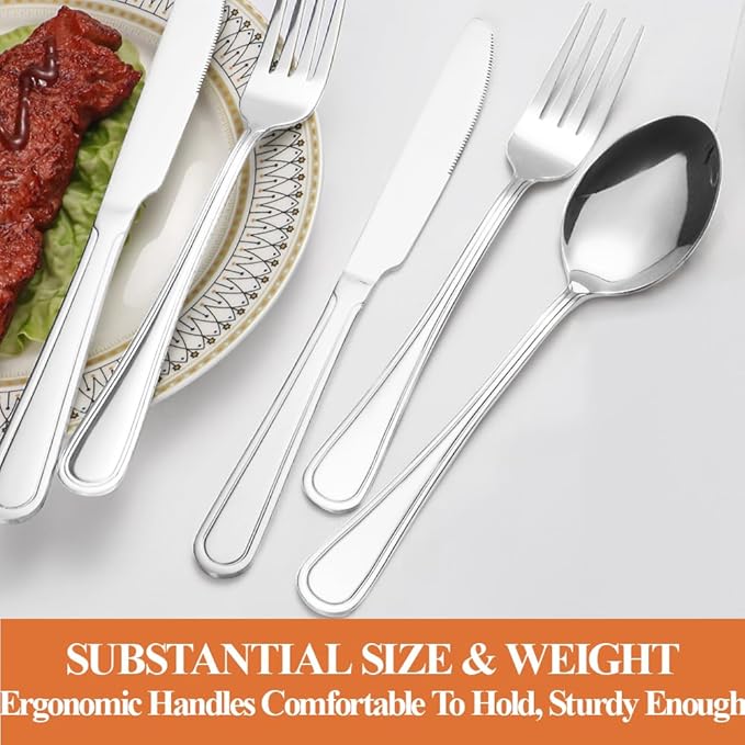 40 Pcs Silverware Set for 8 with Simple Striped Handle Design, Food Grade Stainless Steel Flatware Set, Eating Utensils Sets Include Fork/Knife/Spoon, Reusable Cutlery Set, Dishwasher Safe-CasaMuseHome
