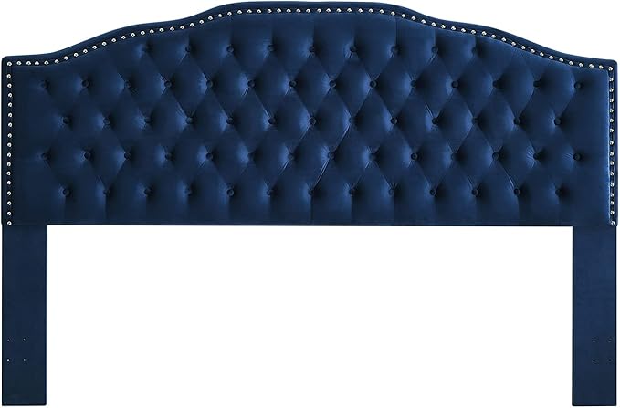 24KF Upholstered Button Tufted King Headboard with Nailhead Trim, Soft Velvet Fabric Headboard King/CA King - Navy-CasaMuseHome