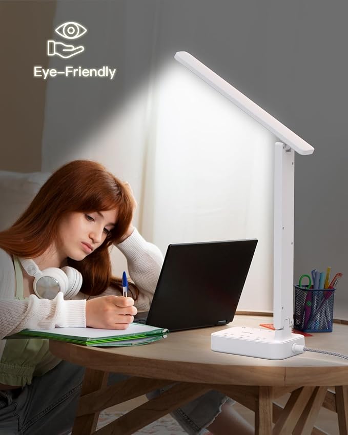 Addtam LED Desk Lamp, Power Strip with 3 Outlets 4 USB Charging Ports(2 USBC), 4 Modes 5 Level Brightness Touch Lamp, Small Desk Lamp for Home Office College Dorm Room Essentials, White-CasaMuseHome