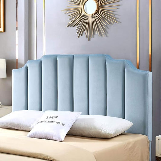 24KF Seaglass Velvet Tufted Queen Upholstered Headboard, Modern Vertical Channel Design California Queen/Full Headboard with Stepped Silhouette Top Edge, Seaglass-CasaMuseHome