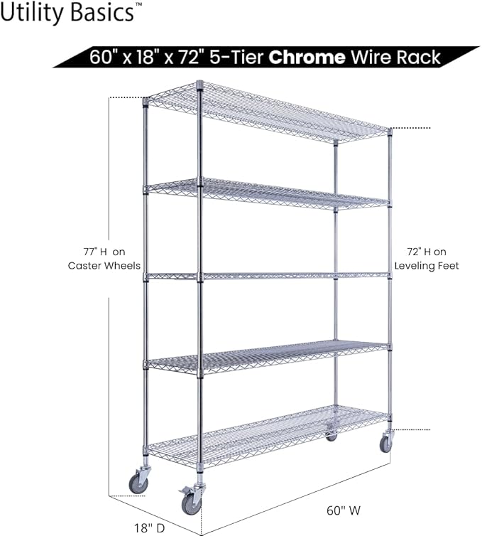 60"x18"x72" Chrome 5-Tier PREMIUM Wire Shelving NSF 4000 LBS MAX CAPACITY Heavy Duty Steel Storage Rack for Warehouses, Garages, Hospitals, Commercial Spaces, & Schools w/PREMIUM WHEELS-CasaMuseHome