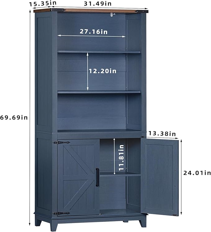 70in Tall Bookshelf 5 Tier Bookcase with Barn Doors and Adjustable Shelves, Blue Farmhouse Book Shelf with Storage Cabinet, Wood Freestanding Display Bookshelves for Bedroom, Living Room-CasaMuseHome