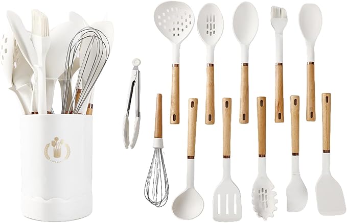 13-Piece silicone utensil set wood handle nonstick cookware safe dishwasher safe kitchen tools BPA free heat resistant (450°F/230°C) ceramic pan safe cooking gifts housewarming (White)-CasaMuseHome