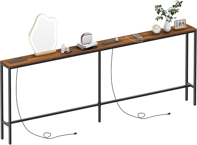 80.7'' Narrow Sofa Table with 2 Power Outlets (6 AC Outlets & 4 USB Ports), Thin Console Tables Narrow Long, Behind Couch Table Skinny for Entryway, Living Room, Hallway, Foyer, Rustic Brown-CasaMuseHome