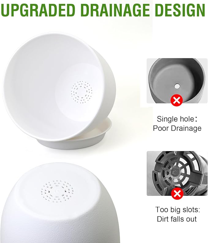 9/8/7.5 inch Flower Pots, Set of 3 Modern Decorative Plastic Planters with Drainage Holes and Saucers, Plant Pots for Indoor Outdoor Plants, White-CasaMuseHome