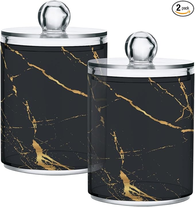 2 Pack Qtip Holder Organizer Dispenser Gold Black Marble Texture Bathroom Storage Canister Cotton Ball Holder Container for Cotton Pads/Swabs/Floss-CasaMuseHome