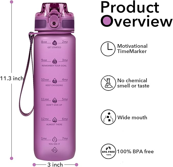 32oz Motivational Water Bottles with Time Marker & Fruit Strainer, Transparent Gradient Color Water Bottle with Times to Drink, Leakproof & BPA Free, Reusable Bottle with Strap (No Straw)-CasaMuseHome
