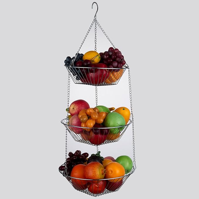 3-Tier Wire Fruit Hanging Basket 2 Packs, non-Punching Wall Hanging Storage, Kitchen Bathroom Organization Basket, Suitable for Bathroom, Kitchen, Closet, Garden, Chrome-CasaMuseHome