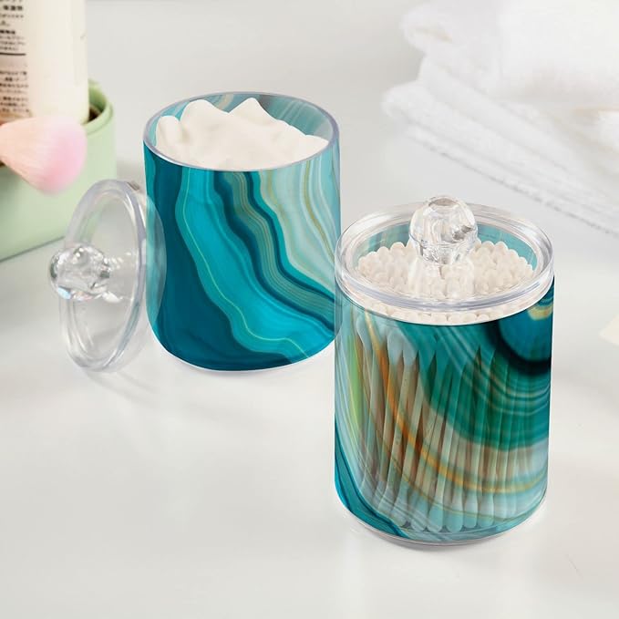 2 Pack Qtip Holder Dispenser Teal Turquoise Blue Marble Bathroom Storage Canister Lid Acrylic Plastic Apothecary Jar Set Vanity Makeup Organizer for Cotton Swab/Ball/Round Pads, Floss-CasaMuseHome