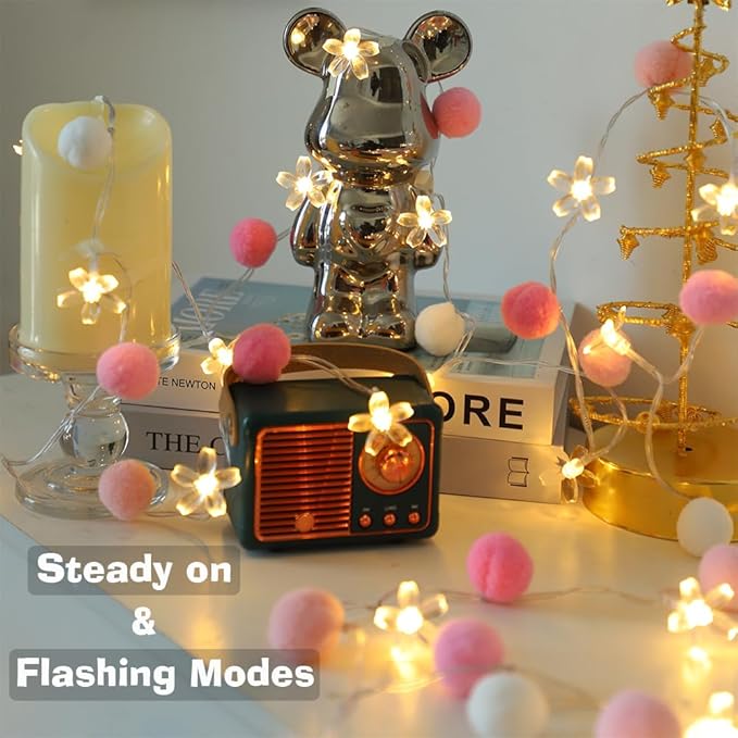 9.85Ft Fairy Lights 20 Cute Pink Pompoms 20 LEDs Cherry Blossom String Garland Battey Operated with Timer Flower Lights for Bedroom Kids Room Party Birthday Wedding Valentines Decoration-CasaMuseHome