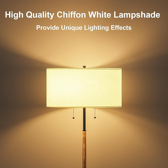 2-Light Floor Lamp, Mid Century Floor Lamp with White Fabric Shade, Standing Lamp Tall Lamp for Living Room Bedroom, 3 Color Temperatures 9W Bulb Include-CasaMuseHome