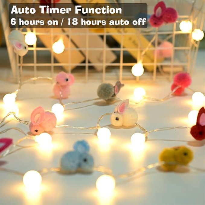 9.85Ft Easter Decor String Lights with Timer 20 Rabbit Shaped Pompoms 20 Ball LED Garland Battery Operated Easter Decorations Bunny Lights for Home Party Kids Room Bedroom Birthday Wedding Indoor-CasaMuseHome