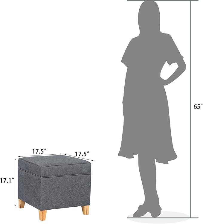 Adeco 17.5" Square Fabric Ottoman with Storage, Upholstered Cotton Linen Foot Rest, Flip Top Footstool, Small Cube Coffee Table Extra Seat for Living Room, Bedroom, Grey with Burlywood Legs-CasaMuseHome