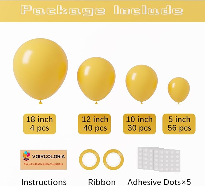 130pcs Mustard Yellow Balloons Different Sizes 18" 12" 10" 5" Lemon Yellow Latex Balloon Garland Arch Kit for Birthday Baby Shower Graduation Wedding Gender Reveal Party Decorations-CasaMuseHome