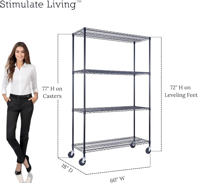 60"x18"x72" Prime Heavy Duty Black 4-Tier Wire Shelving NSF 3200 LBS MAX Capacity Storage Rack for Commercial, Hospital, School, Garage, and Kitchen Uses (with Wheels)-CasaMuseHome