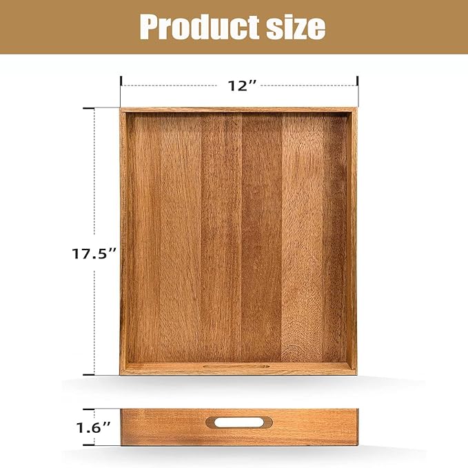Acacia Wood Serving Tray with Handles - 17-Inch Large Wooden Tray for Ottoman - Perfect for Breakfast, Lunch, Dinner, Appetizers, Patio, Ottoman, Coffee Table,BBQ, Party – Great for Lap &Couch ﻿-CasaMuseHome
