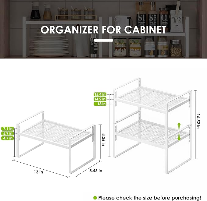 2 Pack Kitchen Countertop Organizer, Stackable Cabinet Shelf Organizer, 2 Tier Adjustable Kitchen Counter Shelves Riser For Pantry Cupboard Bathroom Organization And Storage, Desk Shelf,Spice Rack-CasaMuseHome