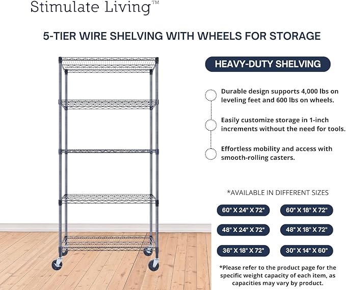 36"x18"x72" Prime Heavy Duty Black 5-Tier Wire Shelving NSF 4000 LBS MAX Capacity Storage Rack for Commercial, Hospital, School, Garage, and Kitchen Uses (with Wheels)-CasaMuseHome