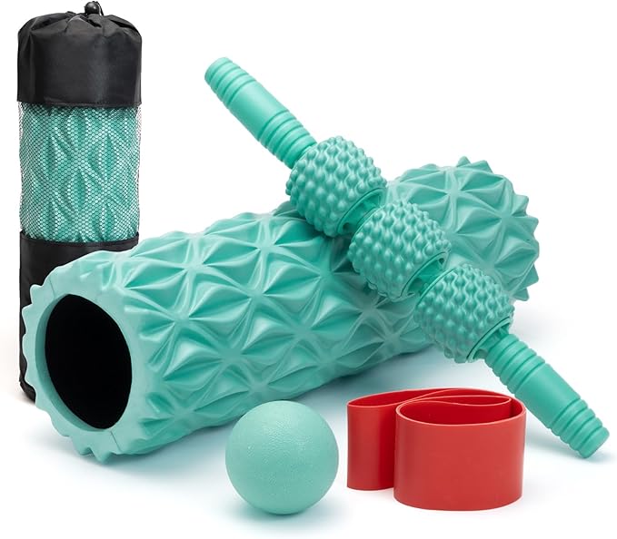 5 in1 Foam Roller Set, Trigger Point Foam Roller, Massage Roller Stick, Massage Ball, Resistance Band for Deep Muscle Massage Pilates Yoga,Fitness Exercise for Whole Body (Pure Turquoise)-CasaMuseHome