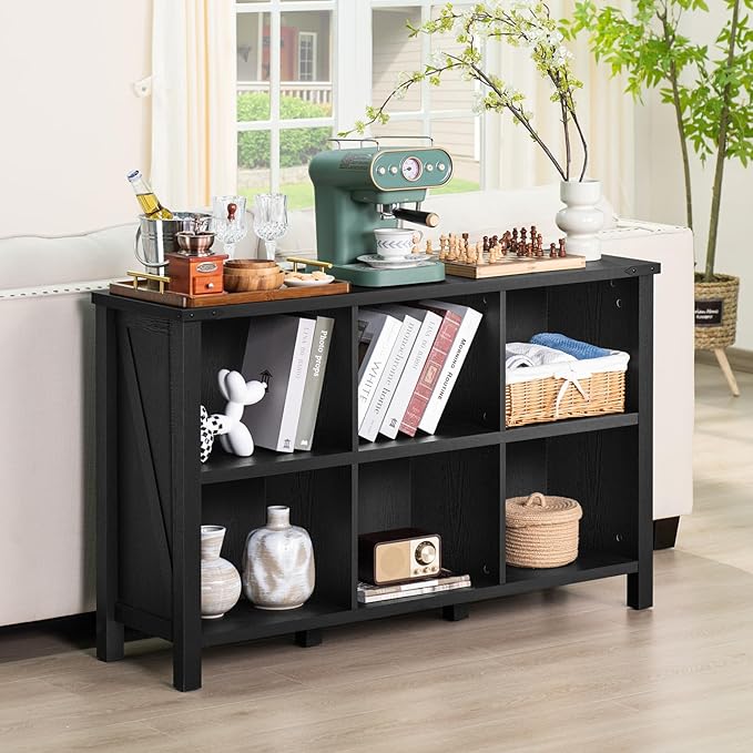 6 Cube Bookcase, Farmhouse Wood Low Storage Organizer Book Shelf, Black 47" Horizontal Console Bookshelf with Legs, Hallway Book Case for Entryway, Display Cabinet for Living Room, Office-CasaMuseHome