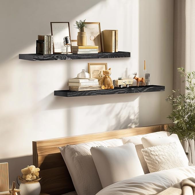 36"x6.8"x1.2" Solid Wood Floating Shelves 2-Pack - Rustic Black Finish with Hidden Brackets, Perfect for Storage and Décor in Living Room, Kitchen, Bedroom-CasaMuseHome