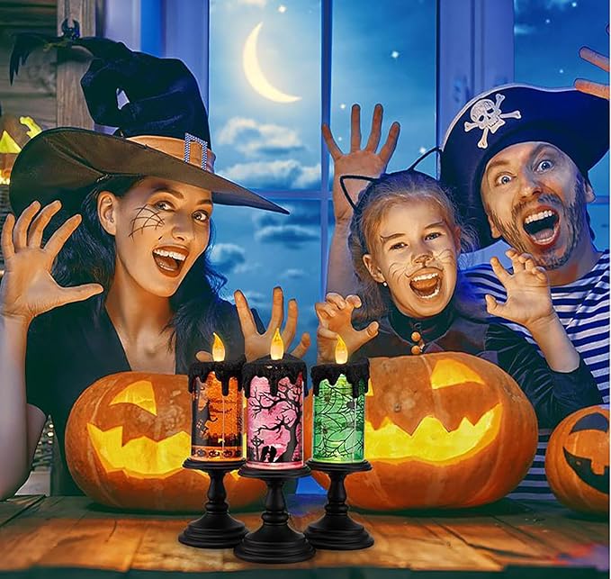 1.Halloween Snow Globe Tornado Flameless Candles Table Centerpiece for Celebration Party,Battery Operated LED Candle with 6 Hours Timer for Home Indoor Halloween Decoration (Spider)-CasaMuseHome