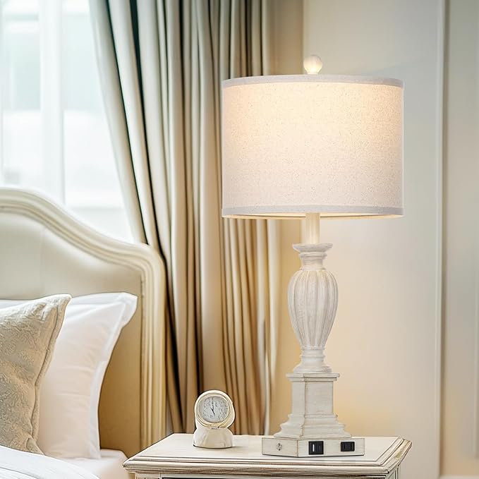 27" Farmhouse 3 Way Dimmable Touch Table Lamp Set of 2 Rustic Classic Bedside Nightstand Wood Lamps for Living Room Bedroom with USB C+A Ports Washed White (2 Bulbs Included)-CasaMuseHome