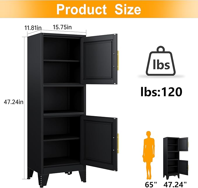 47.24" H Metal Narrow Bathroom Storage Cabinet Pantry Storage Cabinet, 2 Adjustable Shelves for Kitchen, Home Office, Living Room, Dinning Room (Black)-CasaMuseHome