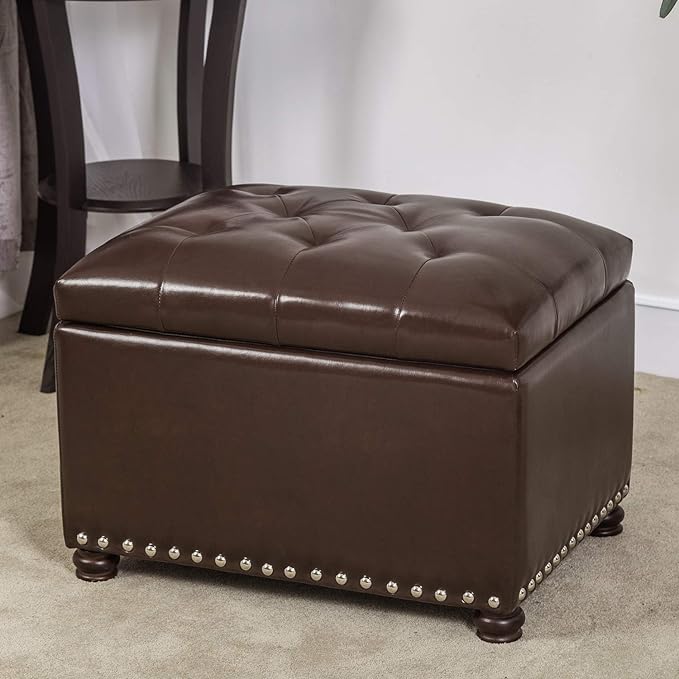 24'' Leather Storage Ottoman Rectangular Foot Rest Stool with Nailhead Trim for Bedroom Living Room(Dark Brown)-CasaMuseHome