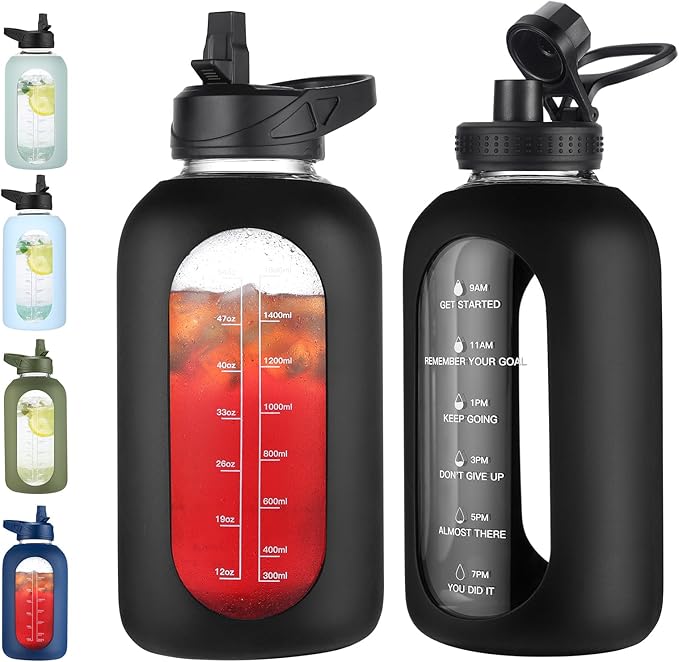 64 oz Glass Water Bottle With Straw and Handle, Half Gallon Sports Motivational Water Jug Flask with Silicone Sleeve, Large Water Cup with Time Marker for Travel, Gym, Black-CasaMuseHome