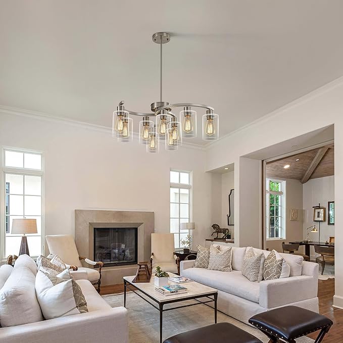 9-Light Brushed Nickel Glass Chandelier, Adjustable Height Hanging Industrial Dining Room Chandelier Over Table, Modern Farmhouse Chandelier for Kitchen Island Living Room Entryway Bedroom-CasaMuseHome