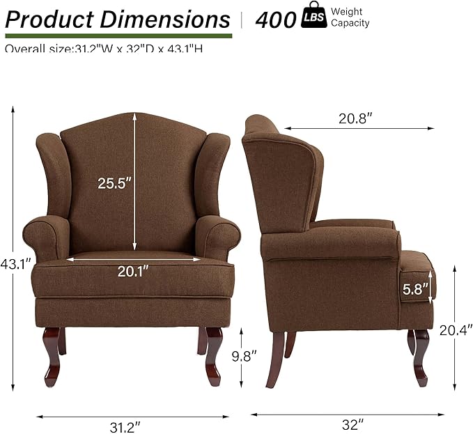 Accent Chair, High Back Upholstered Armchair with High Resilience Sponge & Wood Legs, Mid-Century Modern Comfy Single Sofa Reading Chairs for Living Room, Bedroom (Brown, Set of 2)-CasaMuseHome