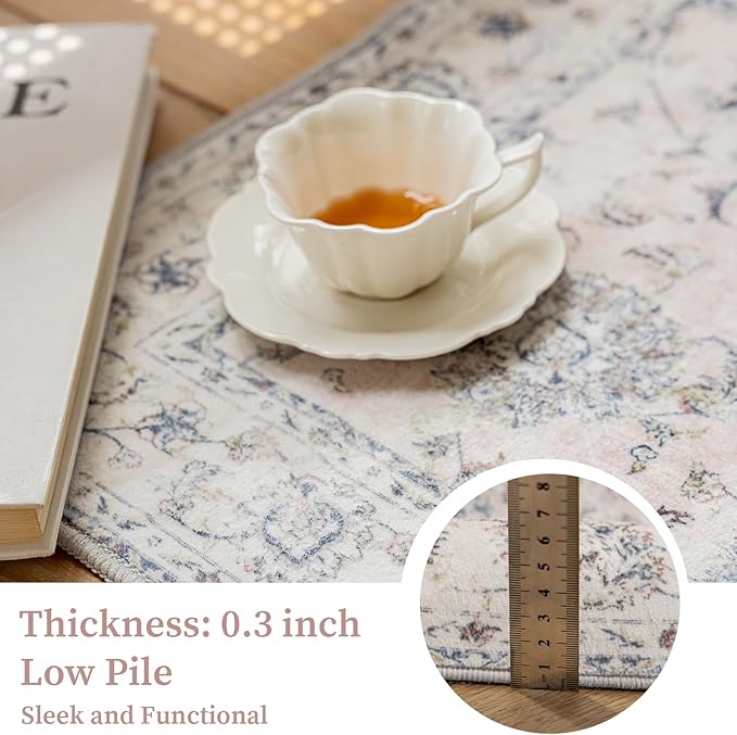 2'x3' Vintage Floral Rug - Persian Inspired Low-Pile Faux Wool Area Rug, Non-Slip Washable Small Rug for Bedroom, Nursery, Dorm, Soft Pink Boho Chic Decor-CasaMuseHome