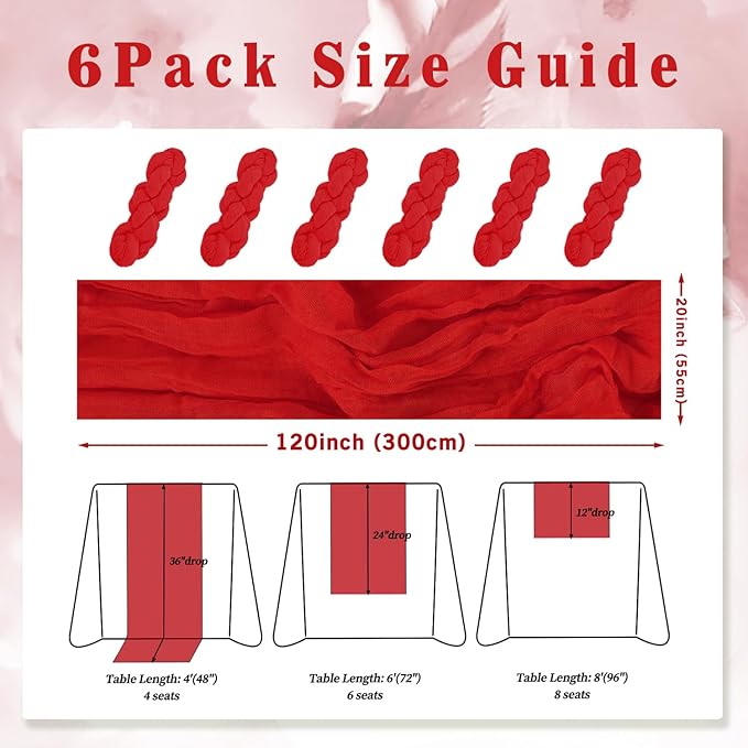 6 Pack Red 10FT Cheesecloth Table Runner Rustic Gauze Fabric Cheese Cloth Table Runner for Wedding Bridal Baby Shower Table Decor Boho Sheer Birthday Party Table Decorations 20 x 120 Inch Long-CasaMuseHome