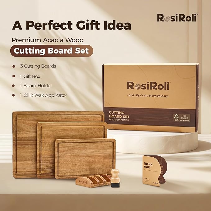 Acacia Wood Cutting Board for Kitchen, 3 Set with Holder - FSC Certified Large Wood Charcuterie Cheese Board with Handles and Juice Grooves, Wooden Chopping Block, Ideal Gift Set of 3 (S/M/L)-CasaMuseHome