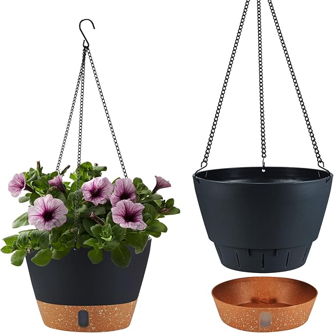 2 Pack Hanging Planters for Indoor Outdoor Plants, 10 Inch Hanging Flower Pot Basket with Drainage Hole with Removable Tray&Hooks Self Watering Plant Pot for Hanging Plants, Dark Grey-CasaMuseHome
