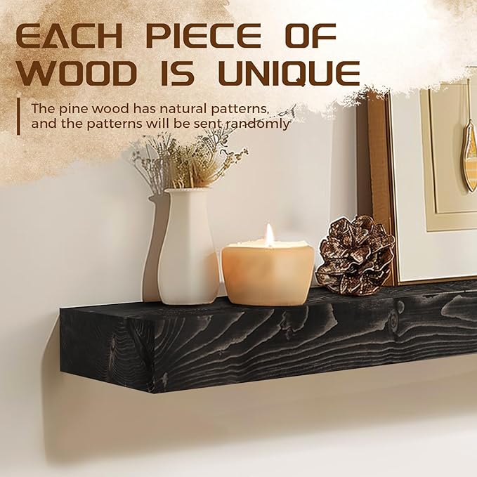 48x7x3 Fireplace Mantel - Solid Rustic Wood - Wall Mounted Floating Shelf with Invisible Heavy Duty Steel Bracket (Weathered Black)-CasaMuseHome