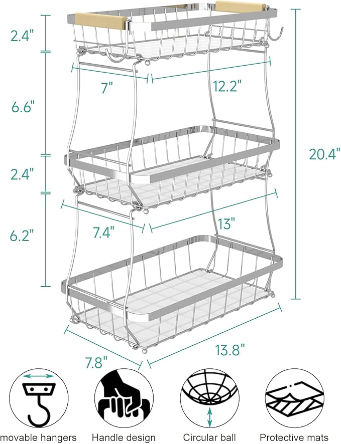 3 Tier Fruit Basket for Kitchen Counter with 2 Mobile Banana Hangers, 2025 Pro Detachable Metal Fruit Bowl with Wooden Handle, Fruit Holder for Bread Snack Veggies, Silvery-CasaMuseHome