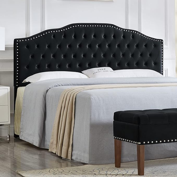 24KF Upholstered Button Tufted King Size Headboard with Nailhead Trim, Soft Velvet Fabric Headboard King/Cal King Size-Black-CasaMuseHome