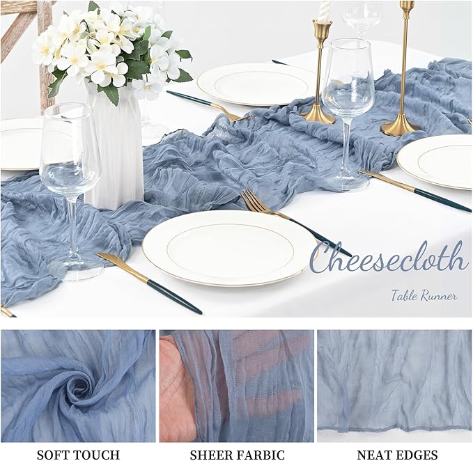 12 Pack Dusty Blue 10FT Cheesecloth Table Runner Rustic Gauze Fabric Cheese Cloth Table Runner for Wedding Bridal Baby Shower Table Decor 20 x 120 Inch Long Boho Sheer Birthday Party Table Decorations-CasaMuseHome