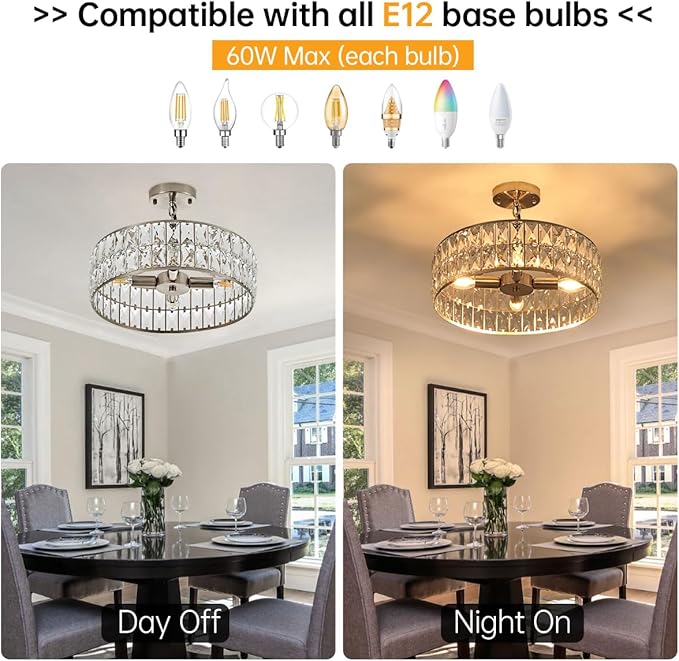 16” 4-Light Modern Crystal Chandeliers Nickel Dinning Room Light Fixture, Round Pendant Light Kitchen Island Chandelier, Flush Mount Ceiling Light for Living Room Entryway Bedroom Foyer-CasaMuseHome