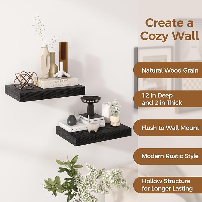 12 Inch Deep Black Floating Shelves, 16 x 12 Floating Shelf for Books, Rustic Wood Deep Wall Shelves for Home Storage & Display, 2" Thicked Shelves for Kitchen, Living Room, Bedroom, 2 Pack-CasaMuseHome