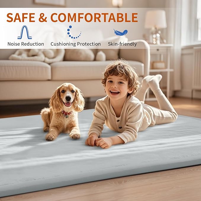 ACOMOPACK Baby Play Mat for Floor,1.3" Thick Memory Foam Area Rug for Living Room,Soft Velvet Crawling with Non-Slip Bottom for Kid,Toddler,79"×118" Tummy Time Nursery Rugs,Yoga（Light Grey）-CasaMuseHome