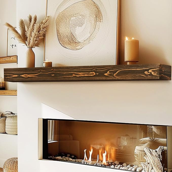 60x8x3 Fireplace Mantel - Handcrafted Hollow Rustic Solid Wood Wall Mounted Floating Shelf with Invisible Heavy Duty Wood Bracket (Weathered Brown)-CasaMuseHome