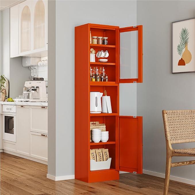 67" Tall Bathroom Storage Cabinet, Narrow Metal Floor Cabinet with Glass Door and Adjustable Shelves, Freestanding Metal Locker for Laundry, Kitchen, Dining Room-CasaMuseHome