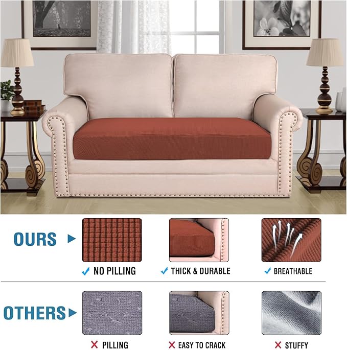 H.VERSAILTEX Super Stretch Individual Seat Cushion Covers Sofa Covers Couch Cushion Covers Slipcover Sets Thick Jacquard Textured Twill Fabric (1 Piece Loveseat Cushion Cover, Rust)-CasaMuseHome