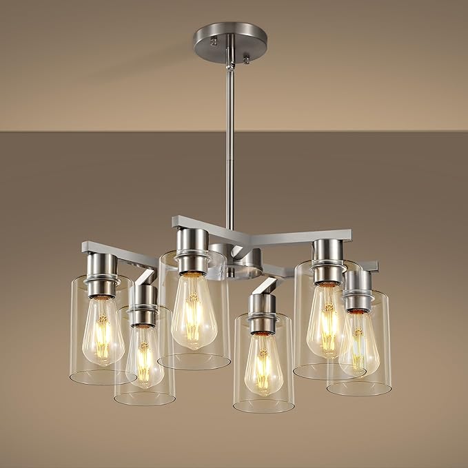 6-Light Farmhouse Brushed Nickel Chandelier,Modern Chandeliers for Dining Room Light Fixture Over Table,Adjustable Hanging Industrial Rustic Pendant Lights Kitchen Island Light with Clear Glass Shade-CasaMuseHome