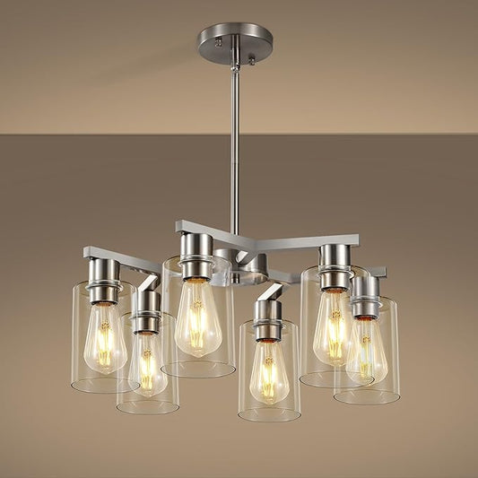 6-Light Farmhouse Brushed Nickel Chandelier,Modern Chandeliers for Dining Room Light Fixture Over Table,Adjustable Hanging Industrial Rustic Pendant Lights Kitchen Island Light with Clear Glass Shade-CasaMuseHome