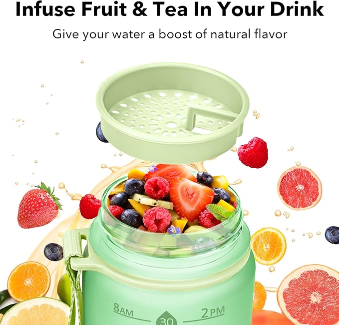 32oz Motivational Water Bottles with Time Marker & Fruit Strainer, Transparent Gradient Color Water Bottle with Times to Drink, Leakproof & BPA Free, Reusable Bottle with Strap (No Straw)-CasaMuseHome